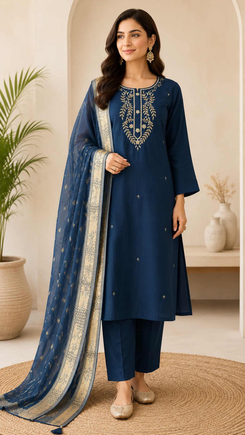 K-1166 Vatican Fabric Work Straight Line Kurti with Pant and Dupatta