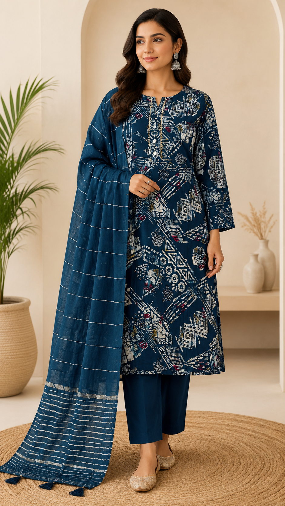 K-996 Vatican Print Mirror Work Straight Kurti with Pant & Dupatta