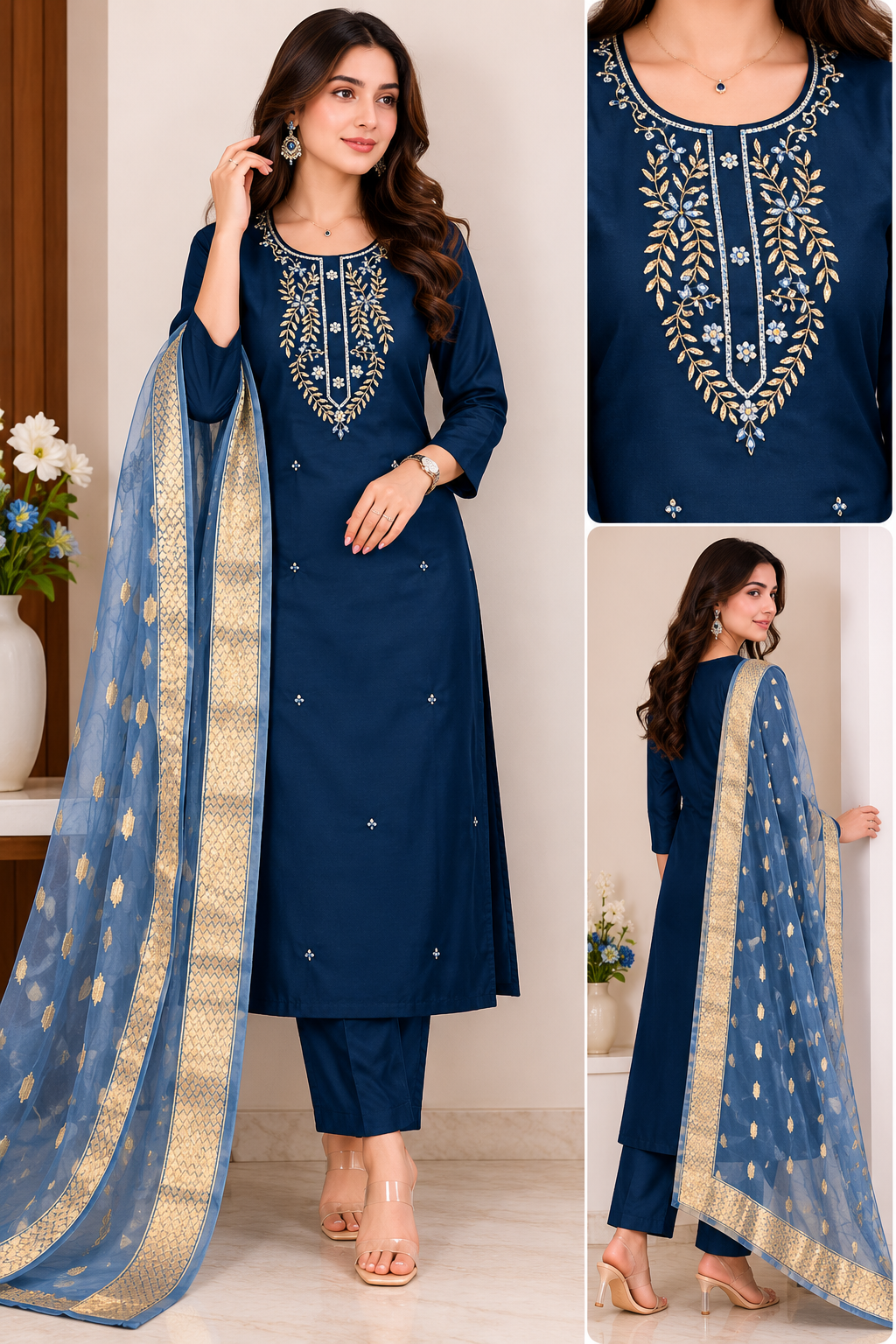 K-1166 Vatican Fabric Work Straight Line Kurti with Pant and Dupatta