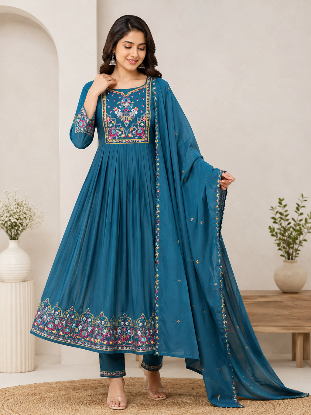 K-293 Roman Silk Anarkali Kurti with Pant and Dupatta