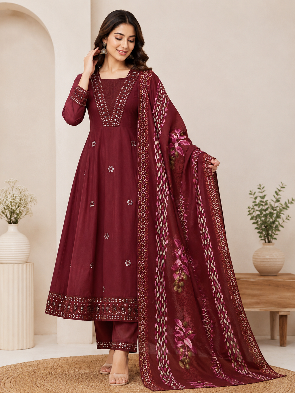 K-23 Roman Silk Straight Line Kurti with Pant and Dupatta