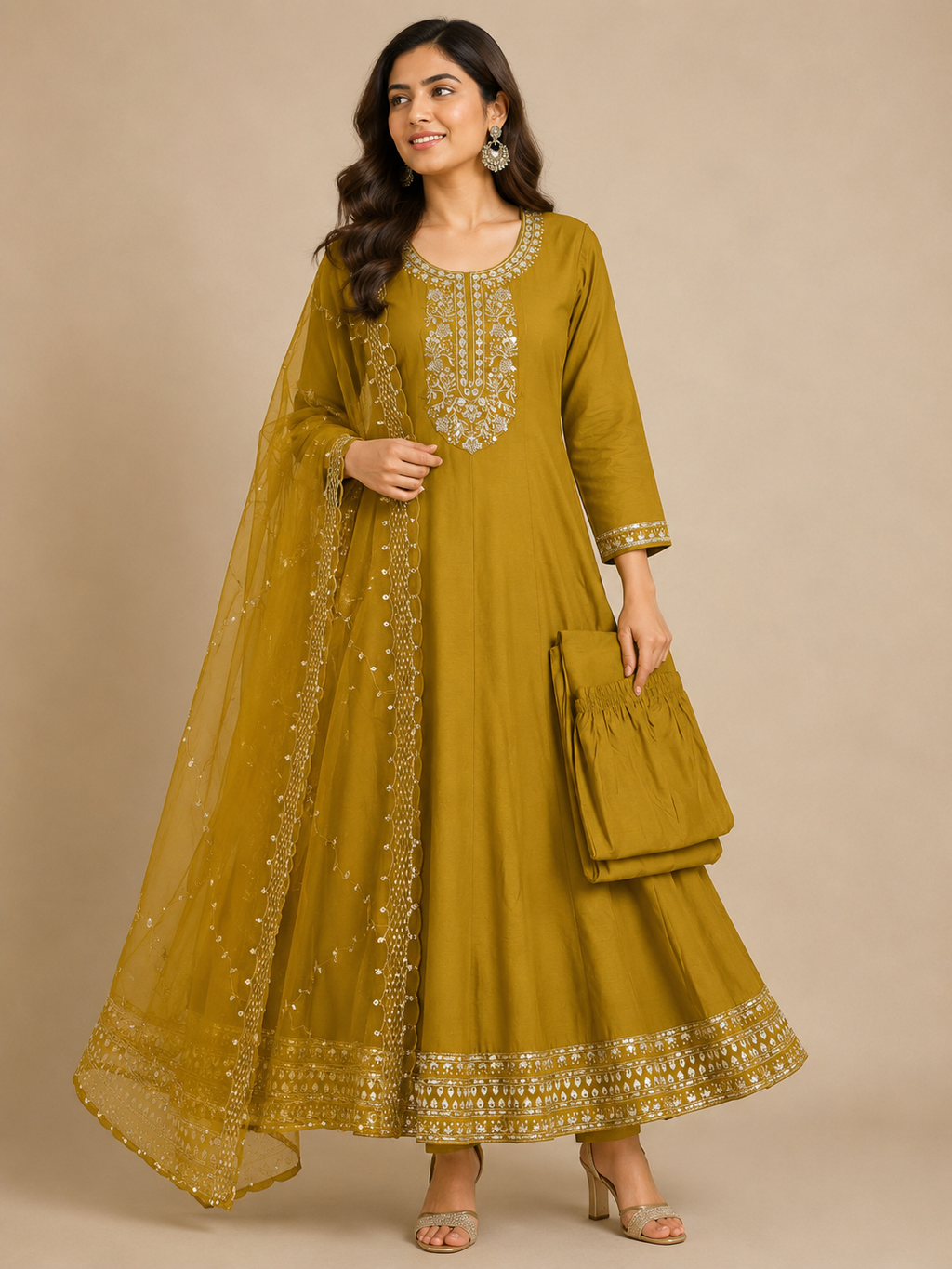 K-011 Roman Silk Anarkali Kurti with Pant and Dupatta