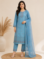 K-2625 Organza Work Straight Line Kurti with Pant & Dupatta