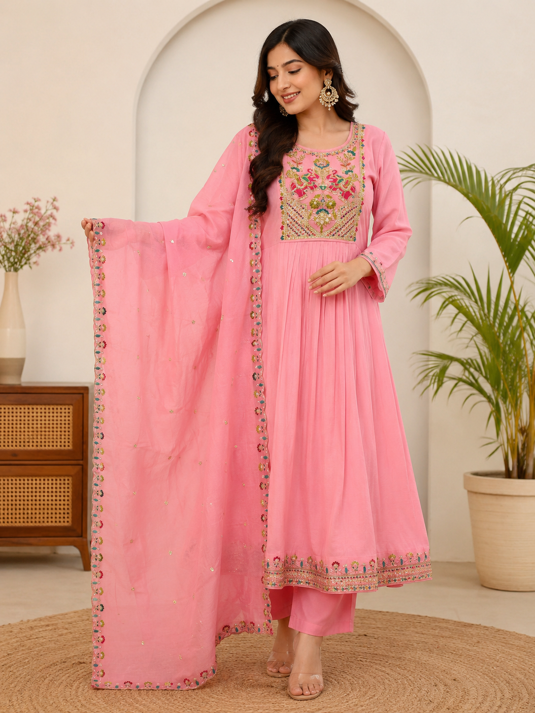 K-178 Mul Chanderi Anarkali Kurti with Pant and Dupatta