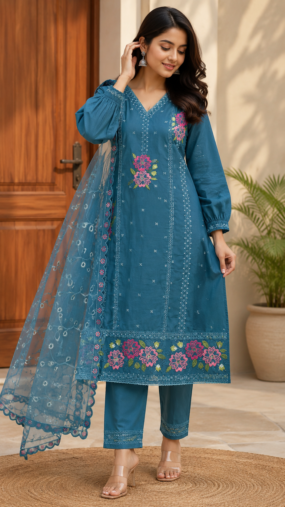 K-2660 Organza Work Straight Line Kurti with Pant & Dupatta