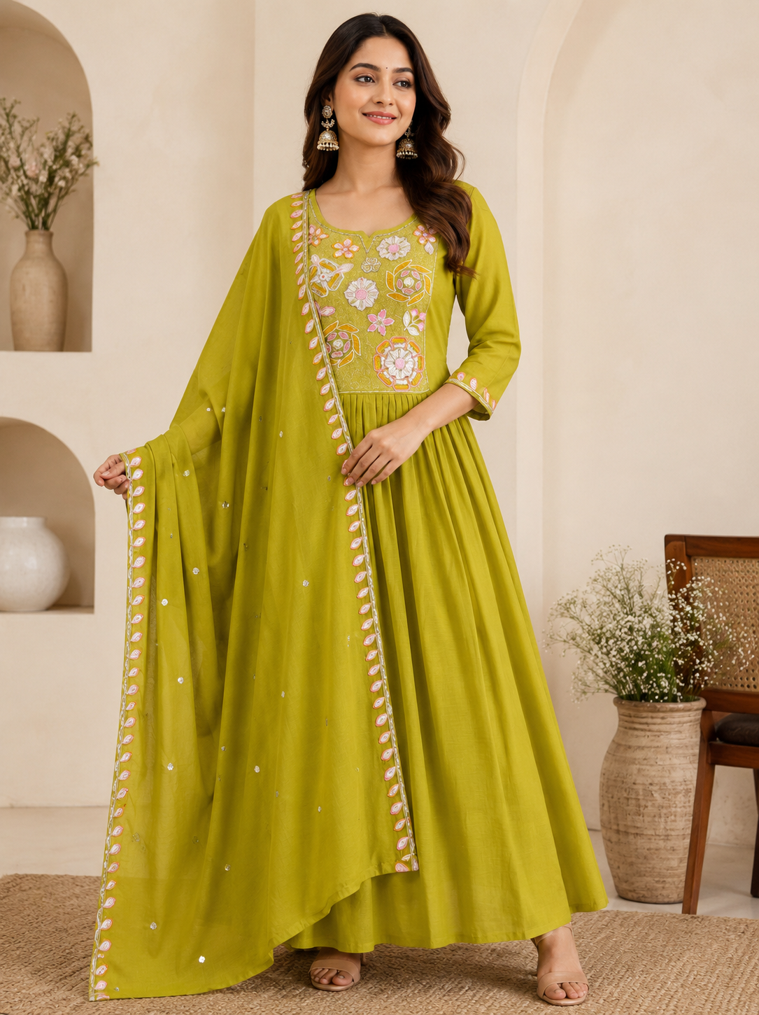 K-179 Mul Chanderi Anarkali Kurti with Pant and Dupatta