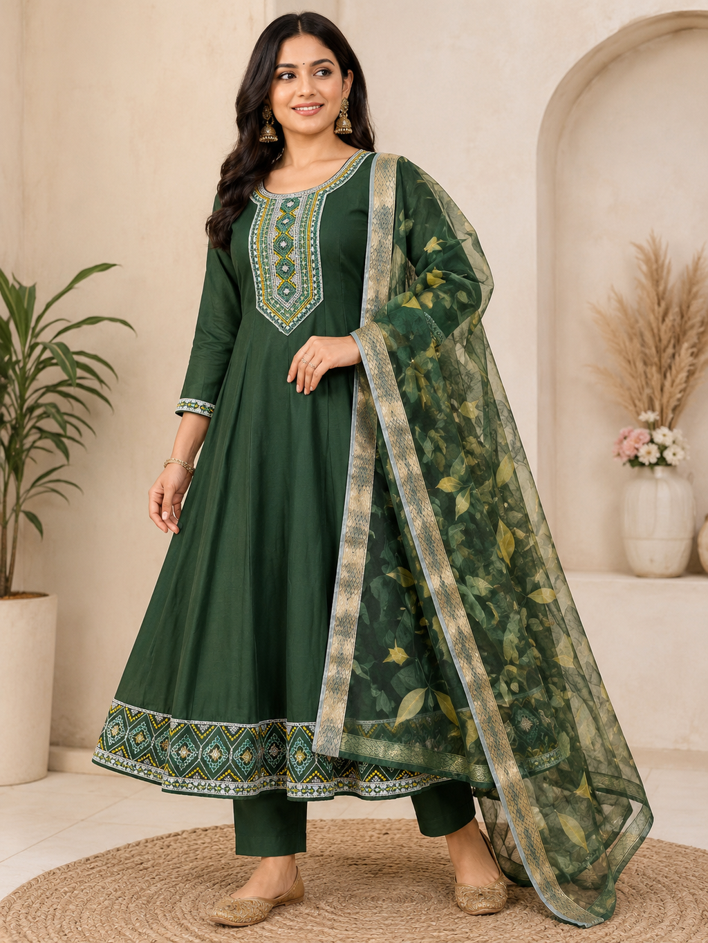 K-149 Mul Chanderi Anarkali Kurti with Pant and Dupatta