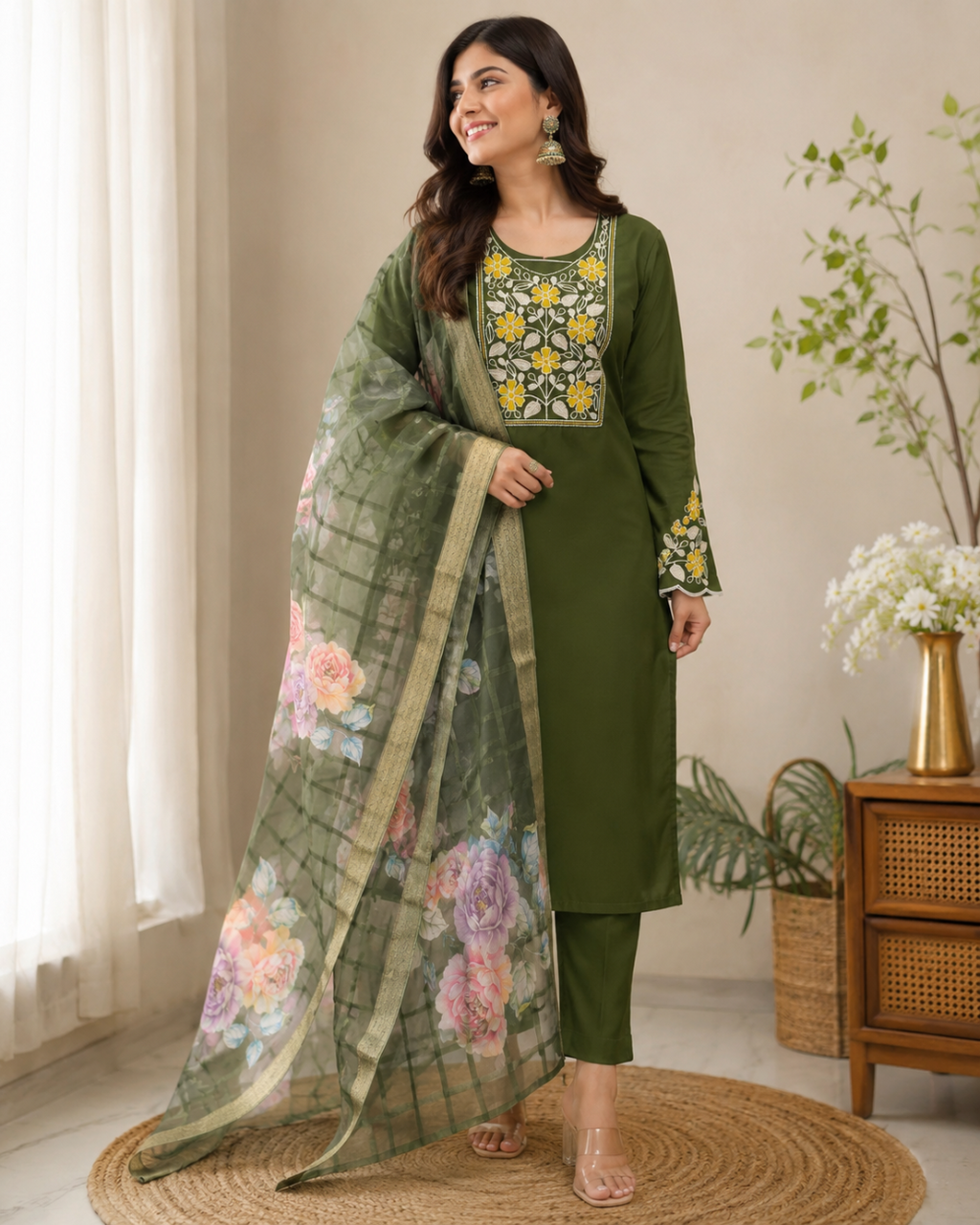 K-4338 Rayon Silk Straight Line kurti with Pants and dupatta