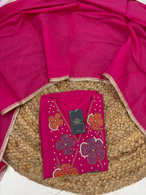 K-226 Mul Chanderi Hand Work Anarkali Kurti with Pants and Dupatta