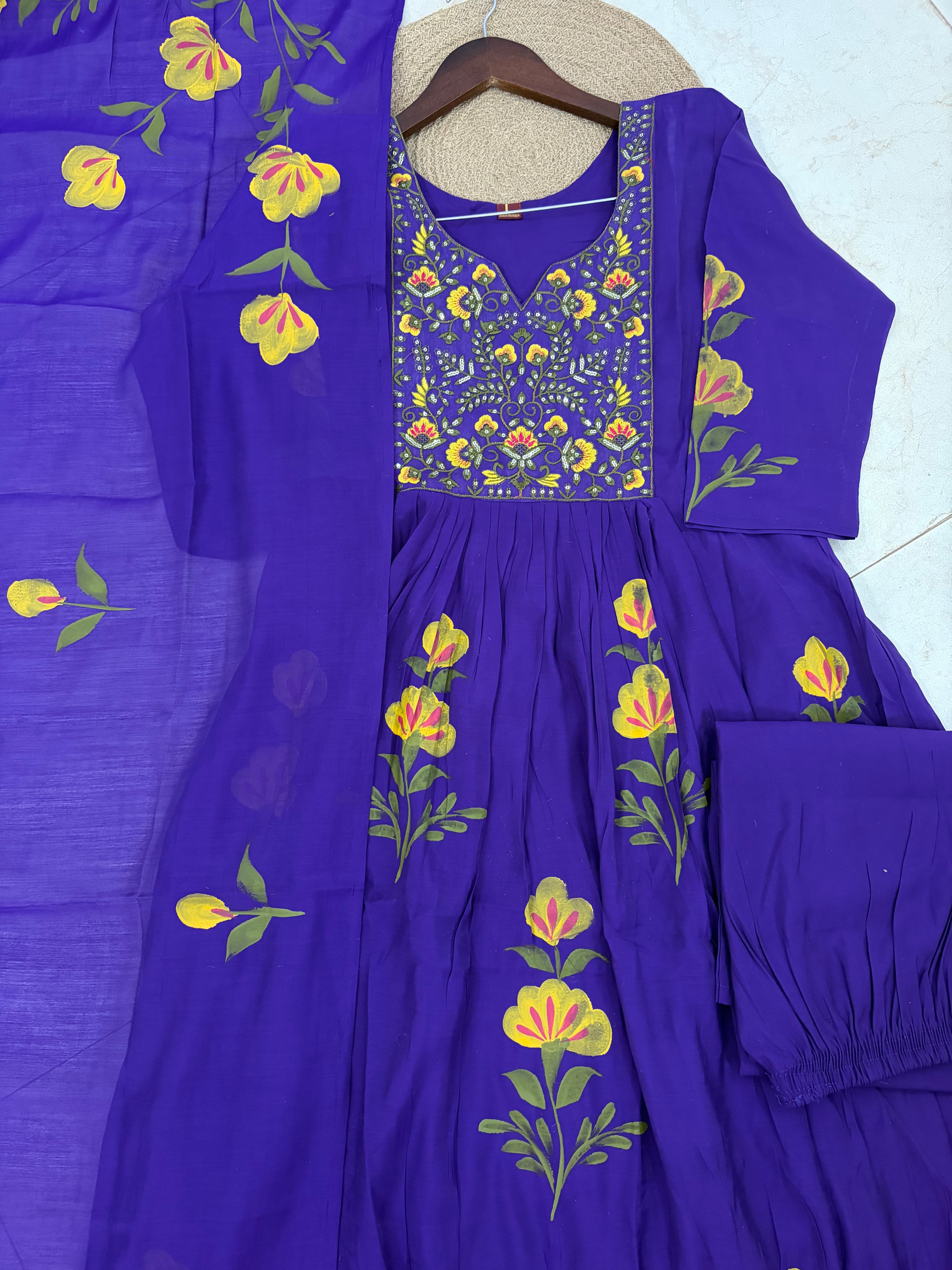 K-5791 Mul Chanderi Ghera Nack Work Kurti with Pant and Dupatta