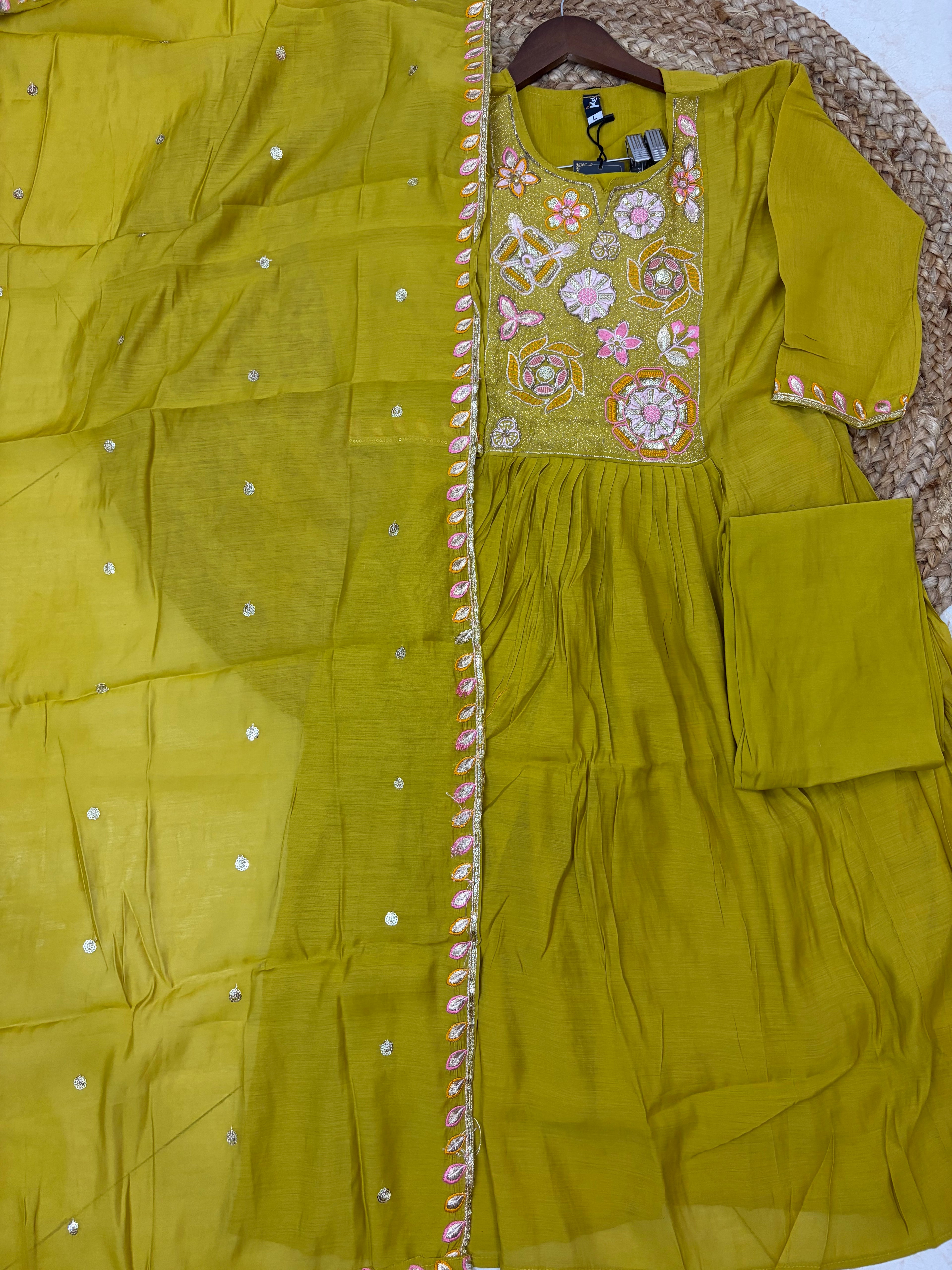 K-179 Mul Chanderi Anarkali Kurti with Pant and Dupatta