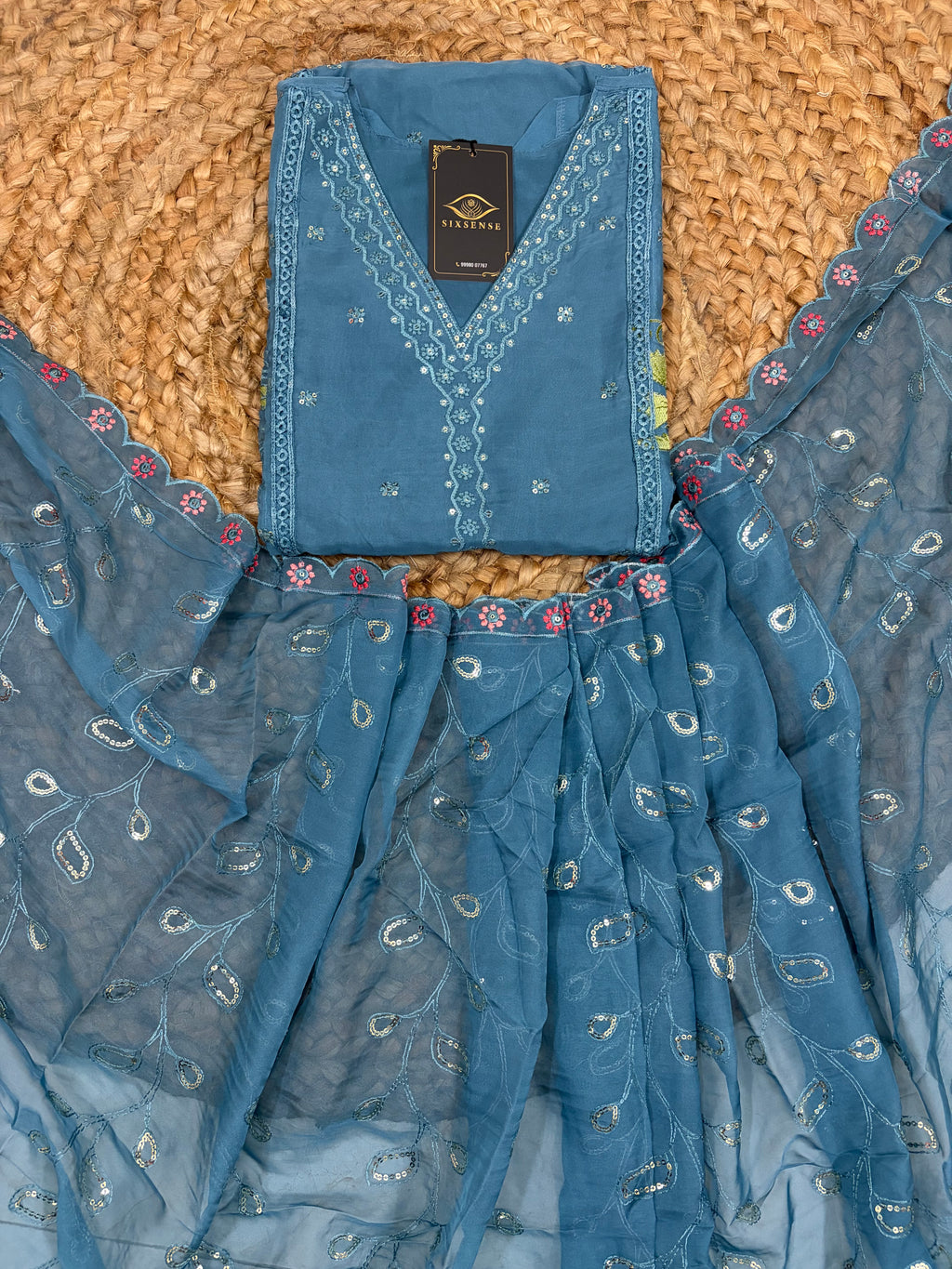 K-2660 Organza Work Straight Line Kurti with Pant & Dupatta