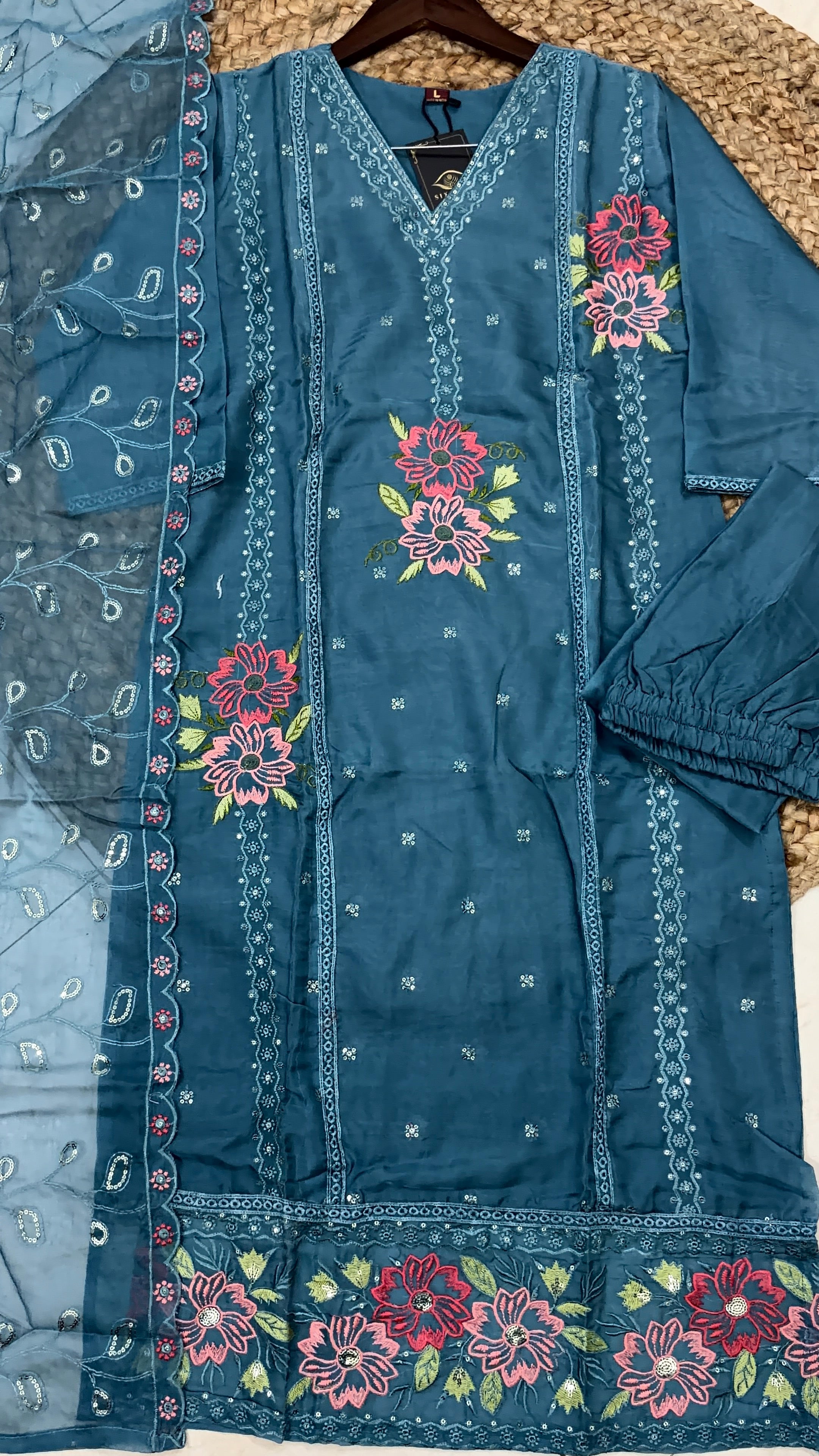 K-2660 Organza Work Straight Line Kurti with Pant & Dupatta