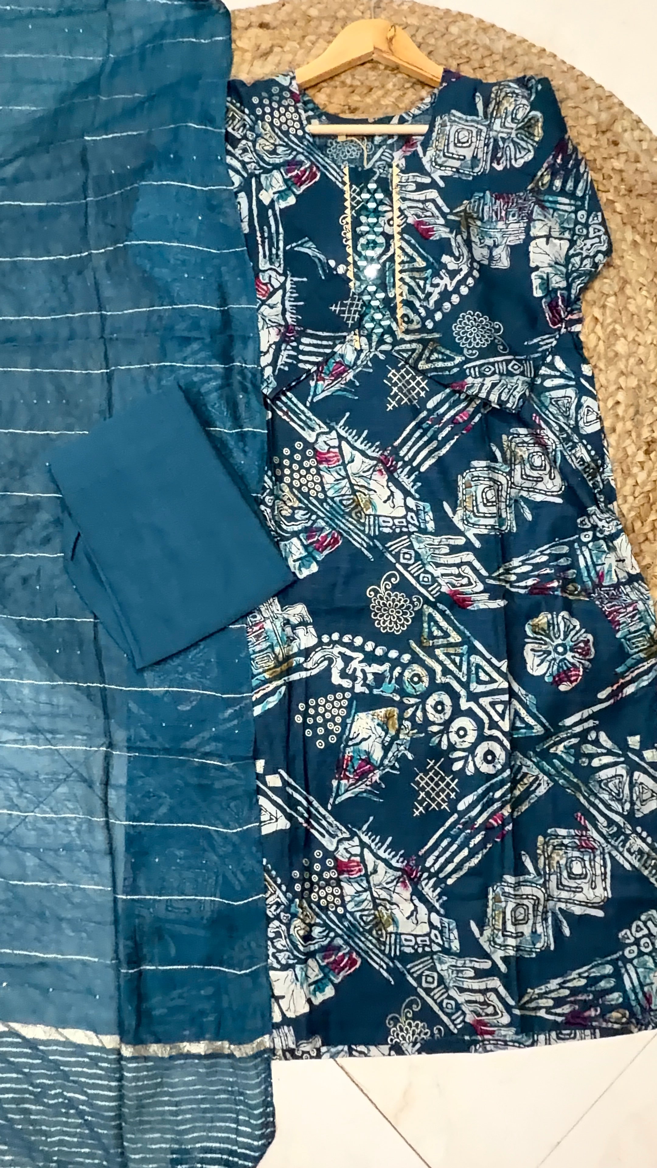 K-996 Vatican Print Mirror Work Straight Kurti with Pant & Dupatta